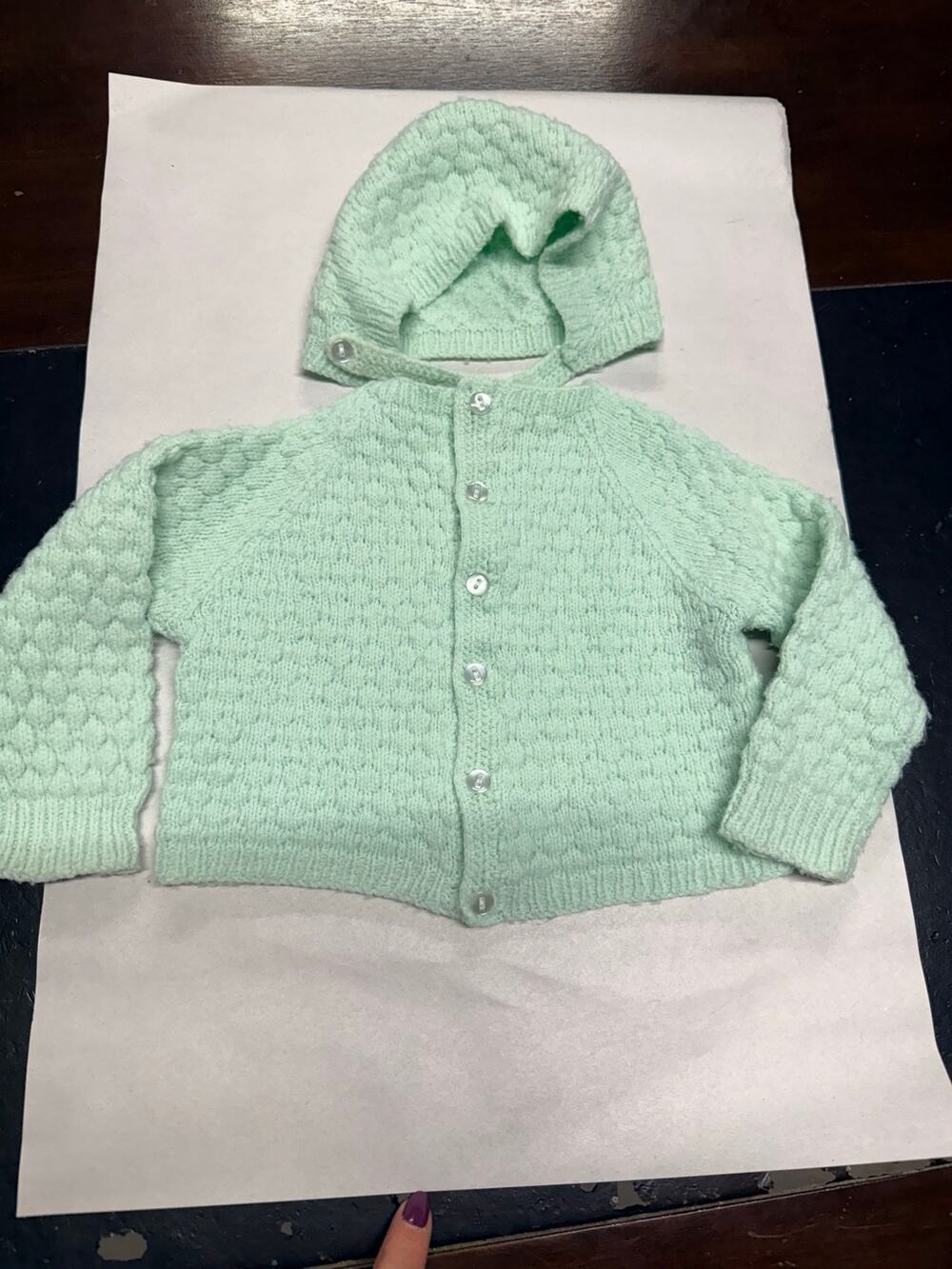 Vintage mint green hand-knitted baby cardigan and matching bonnet size 18 - 24M